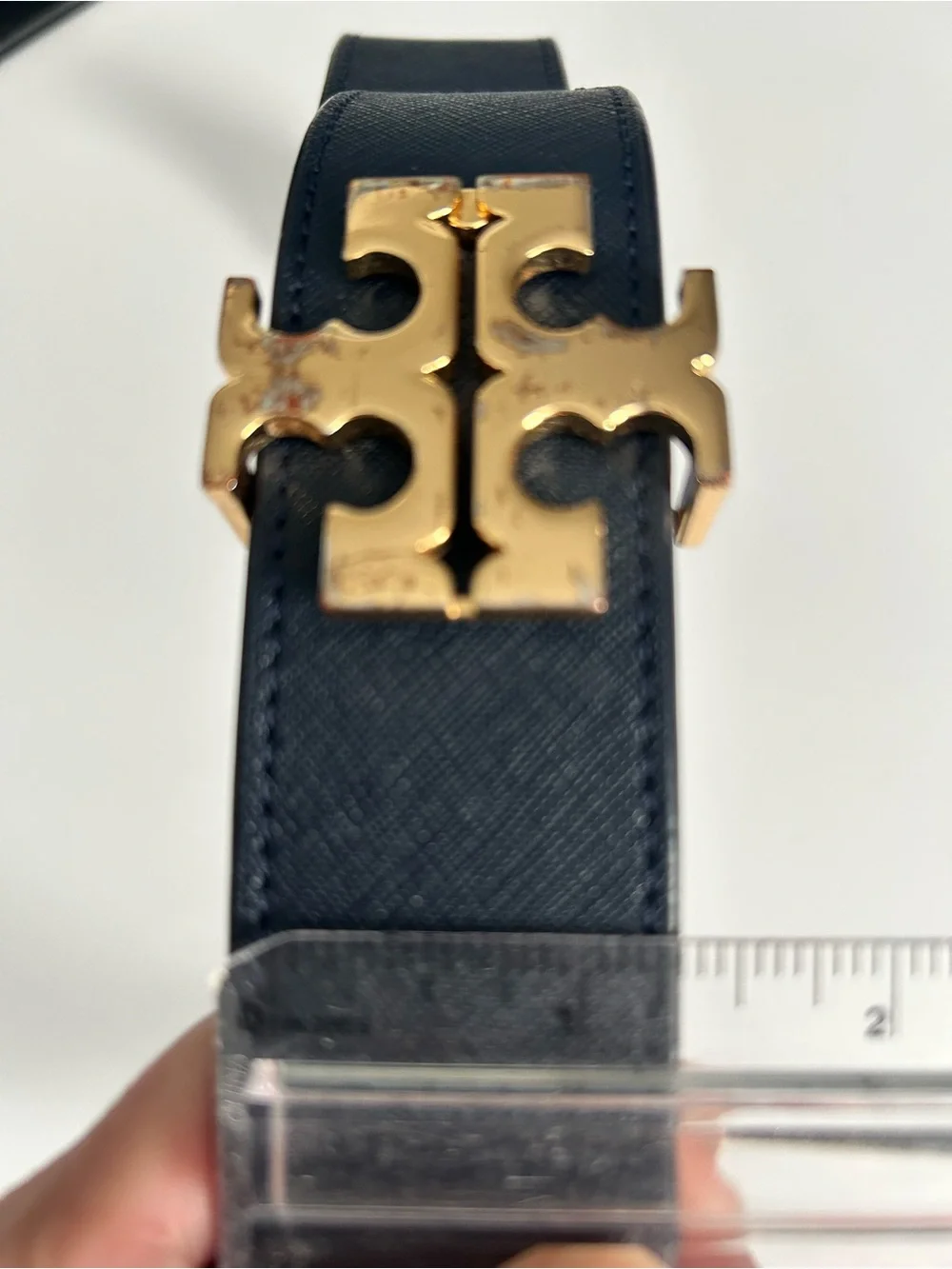 Tory Burch Black navy Belt with Gold Double-T Logo Buckle